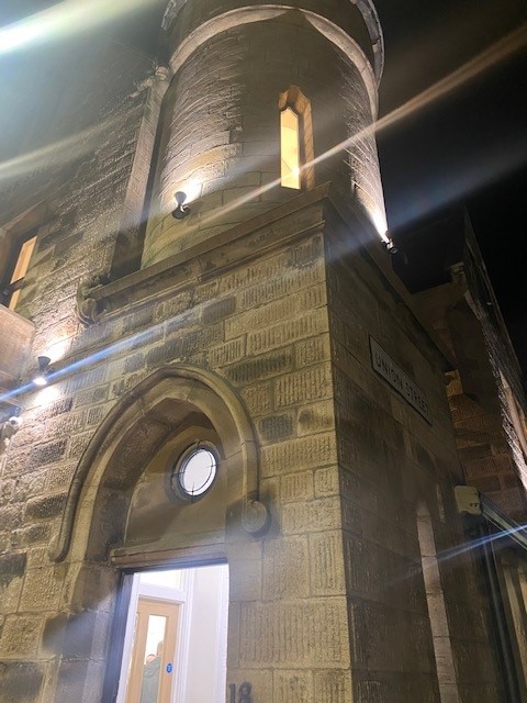 Close up of Lancashire and Yorkshire Bank at night, in Bacup, Rossendale